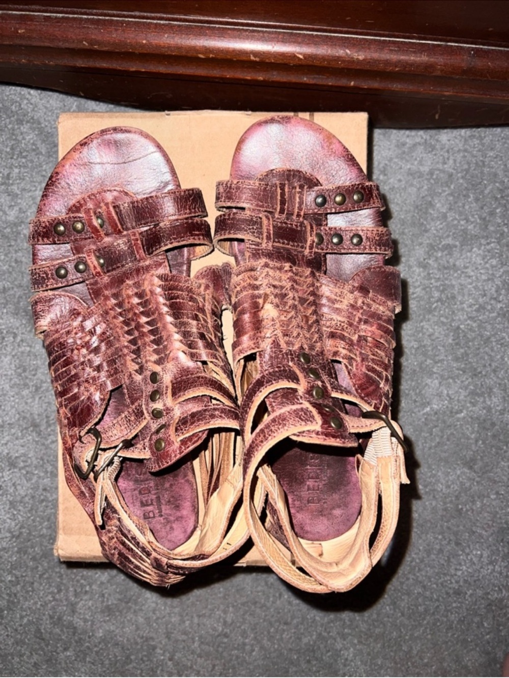 Bed Stu Brown Distressed Leather Woven Gladiator Sandals